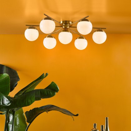 Dar - Bombazine 7 Light Semi-Flush Natural Brass and Opal Glass Dar - Bombazine 7 Light Semi-Flush Natural Brass and Opal Glass