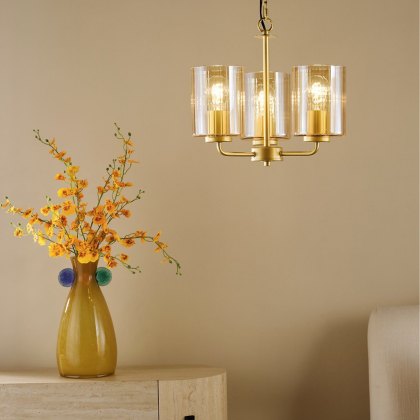Dar - Daylin Three Light Pendant (Satin Gold and Amber Ribbed Glass) Dar - Daylin Three Light Pendant (Satin Gold and Amber Ribbed Glass)