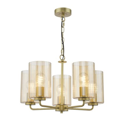Dar - Daylin Five Light Pendant (Satin Gold and Amber Ribbed Glass) Dar - Daylin Five Light Pendant (Satin Gold and Amber Ribbed Glass)