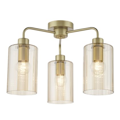 Dar - Daylin Three Light Semi-Flush (Satin Gold and Amber Ribbed Glass) Dar - Daylin Three Light Semi-Flush (Satin Gold and Amber Ribbed Glass)