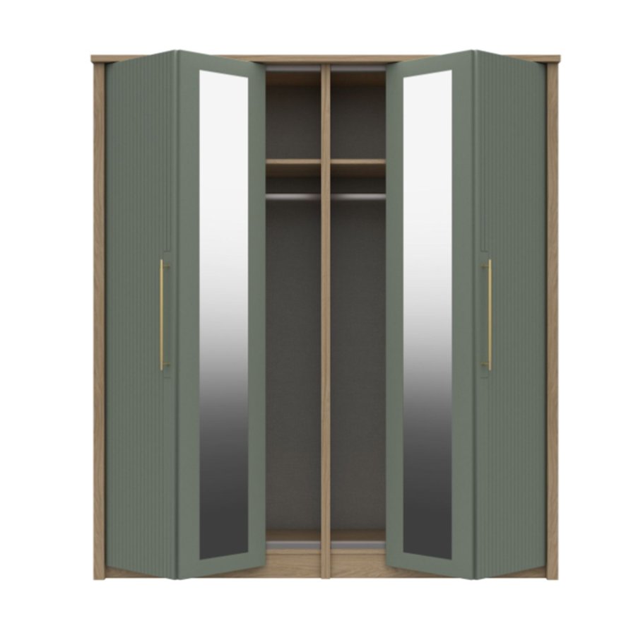 One Call Furniture Exeter - Four Door Bifold Wardrobe with Two Mirrors (Soft Close)